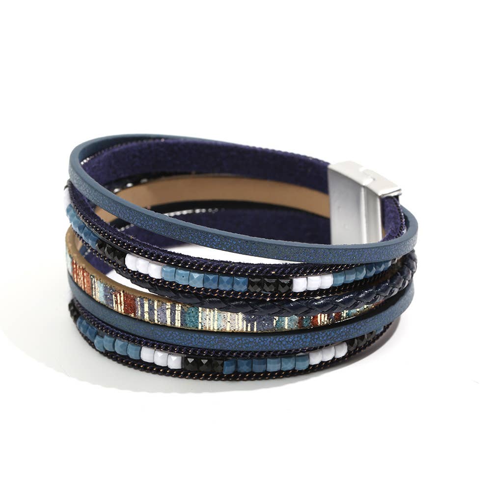 Bohemian Hand-woven Magnetic Buckle Leather Bracelet - BJ/LB: Khaki