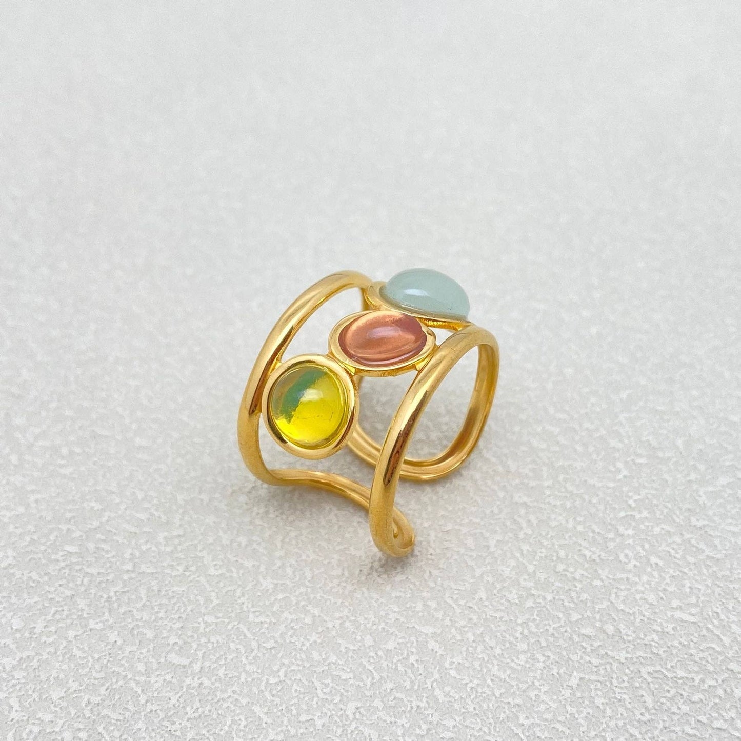 3 Color Gemstone 18K Gold Plated SS Adjustable Ring - FGS/CS