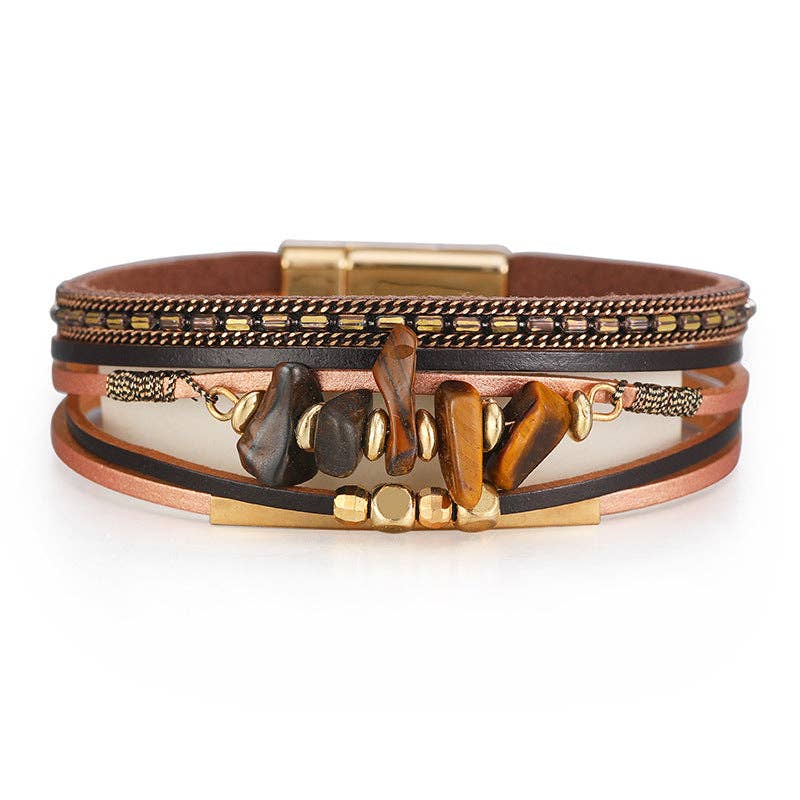 Bohemian Natural Gravel & Leather WovenBracelet - BJ/LB: 7