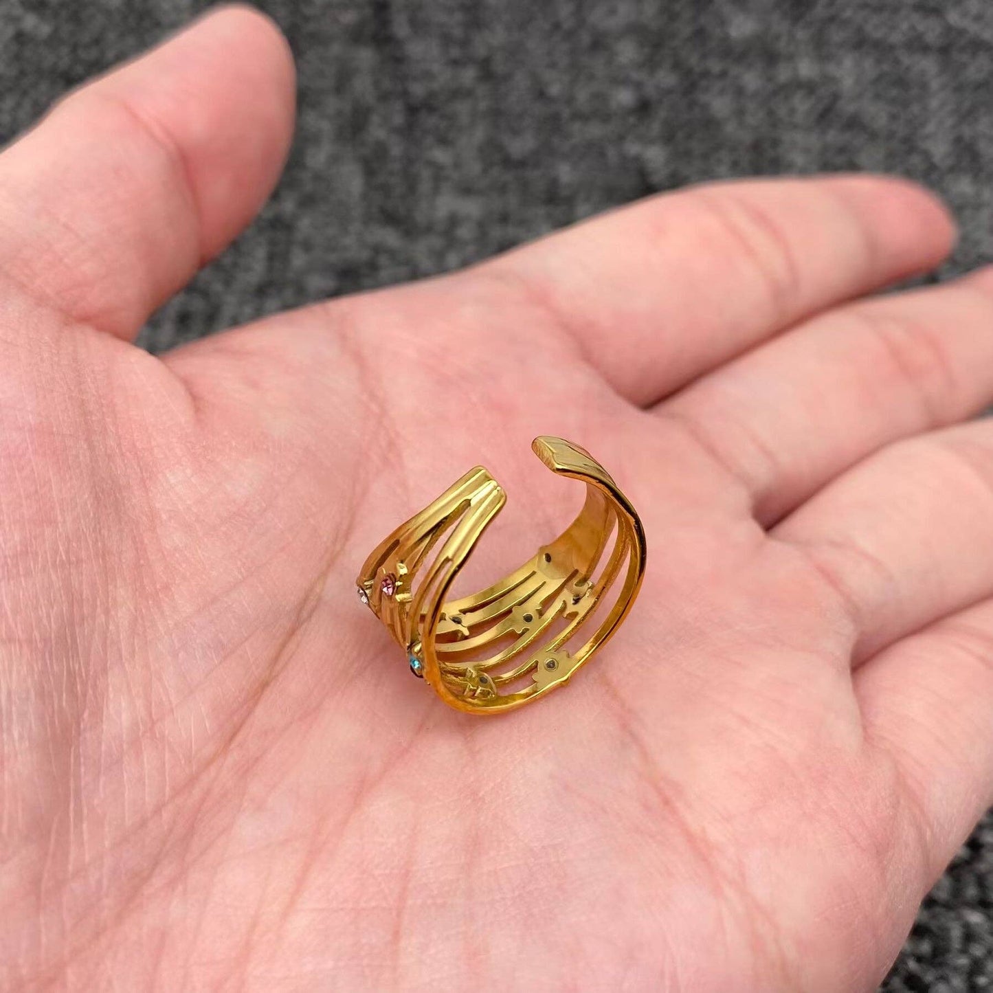 Colored Rhinestone 18K Gold Plated SS Hollow Ring - FGS