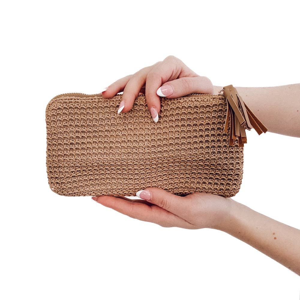 Rome Raffia Clutch Card Wallet Wristlet: Cream