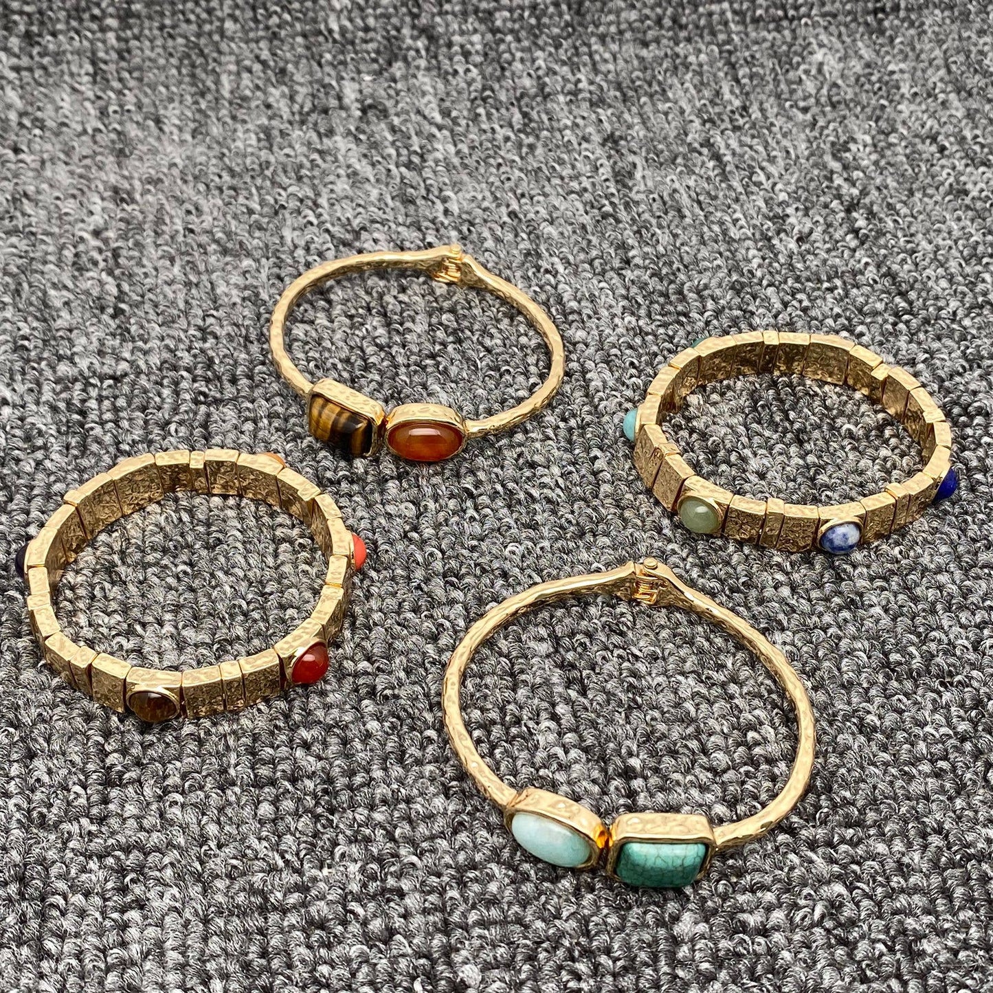 Vintage Inlaid Stone Gilded Bangle & Elastic Bracelet  - CS: Bangle - B