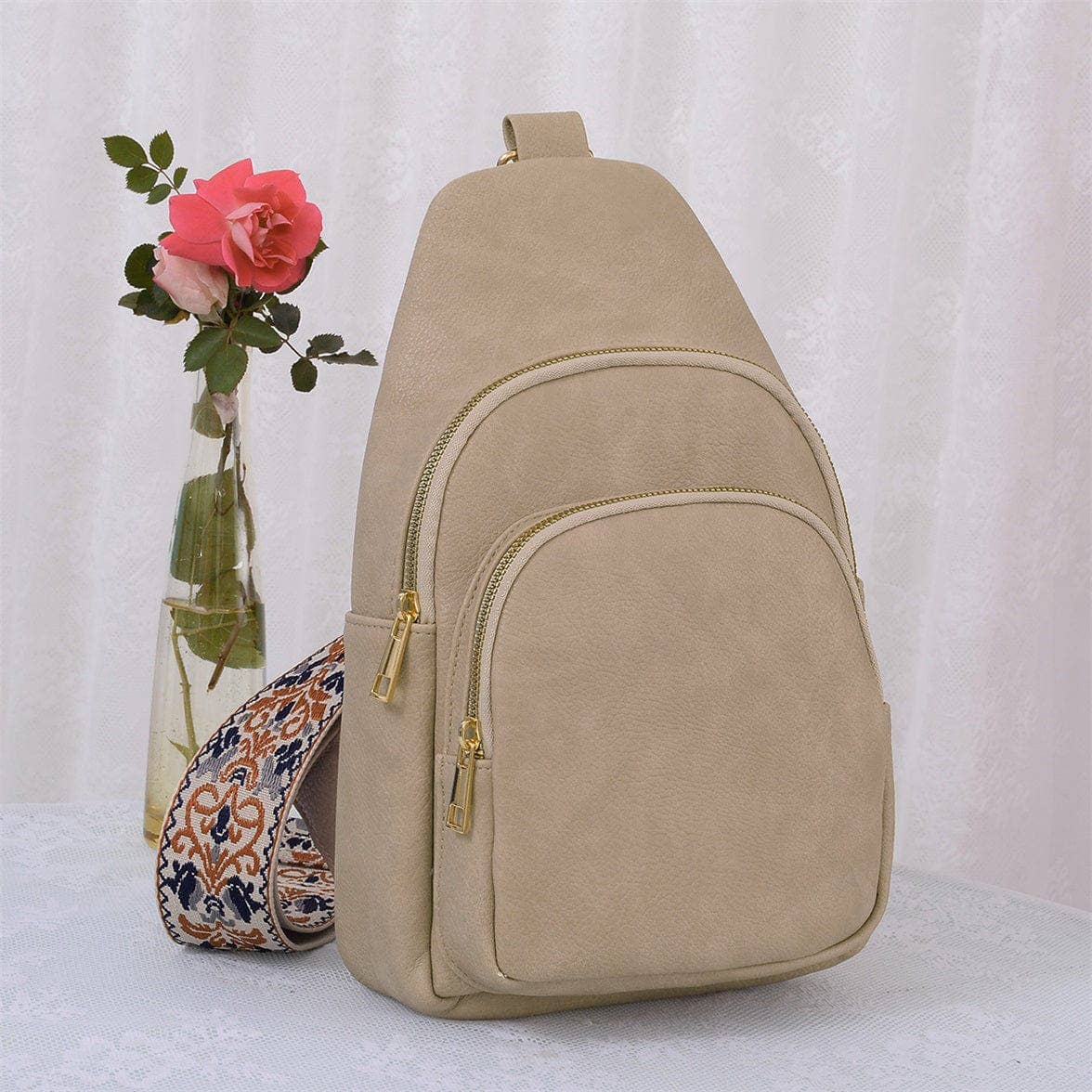 Zara Zipper Crossbody Bag with Boho Strap: Tan