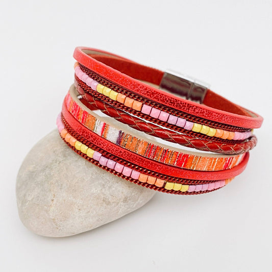 Bohemian Hand-woven Magnetic Buckle Leather Bracelet - BJ/LB: Red