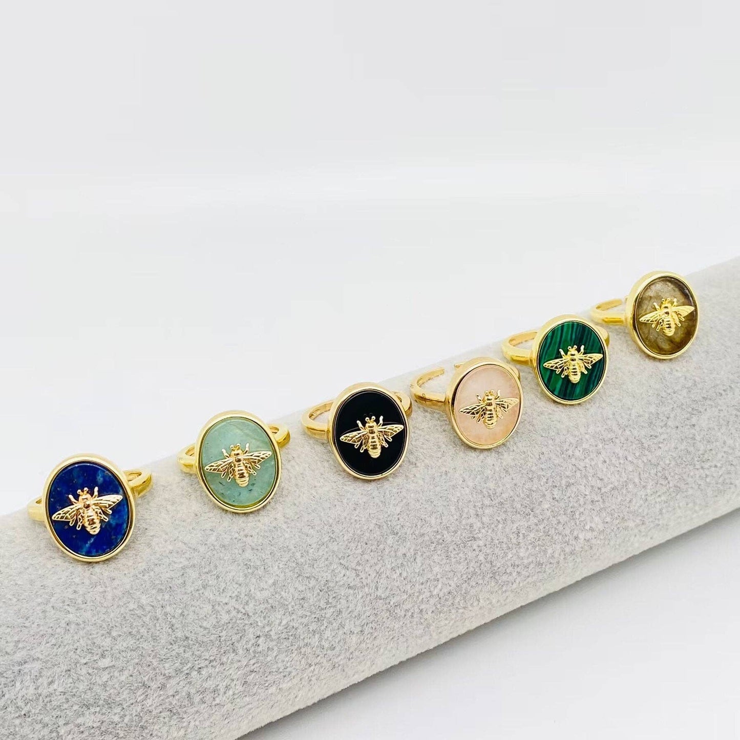 Natural Stone Golden Bee Opening Adjustable Ring - CS: Green Aventurine