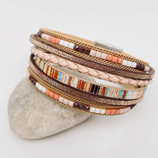 Bohemian Hand-woven Magnetic Buckle Leather Bracelet - BJ/LB: Khaki