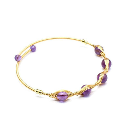 Hand-braided Copper Wire Wound Natural Stone Cuff Bangle -CS: Amethyst
