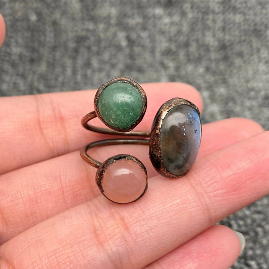 Anemousite & Green Aventurine Pink Crystal Tri-tone Ring -CS