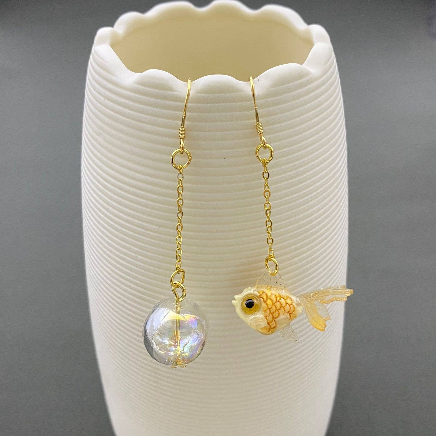 Asymmetric Yellow Goldfish Dangle Earrings