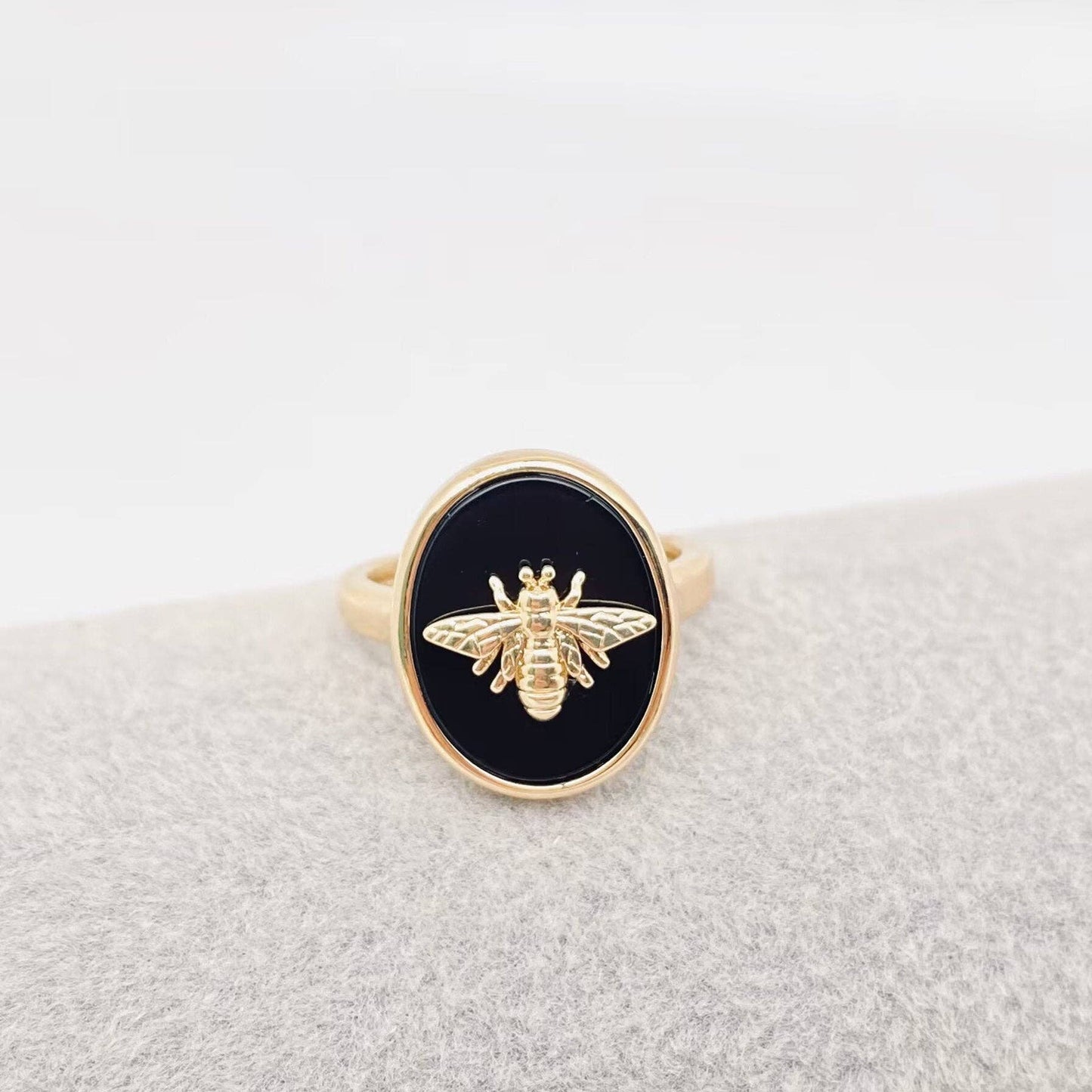 Natural Stone Golden Bee Opening Adjustable Ring - CS: Green Aventurine