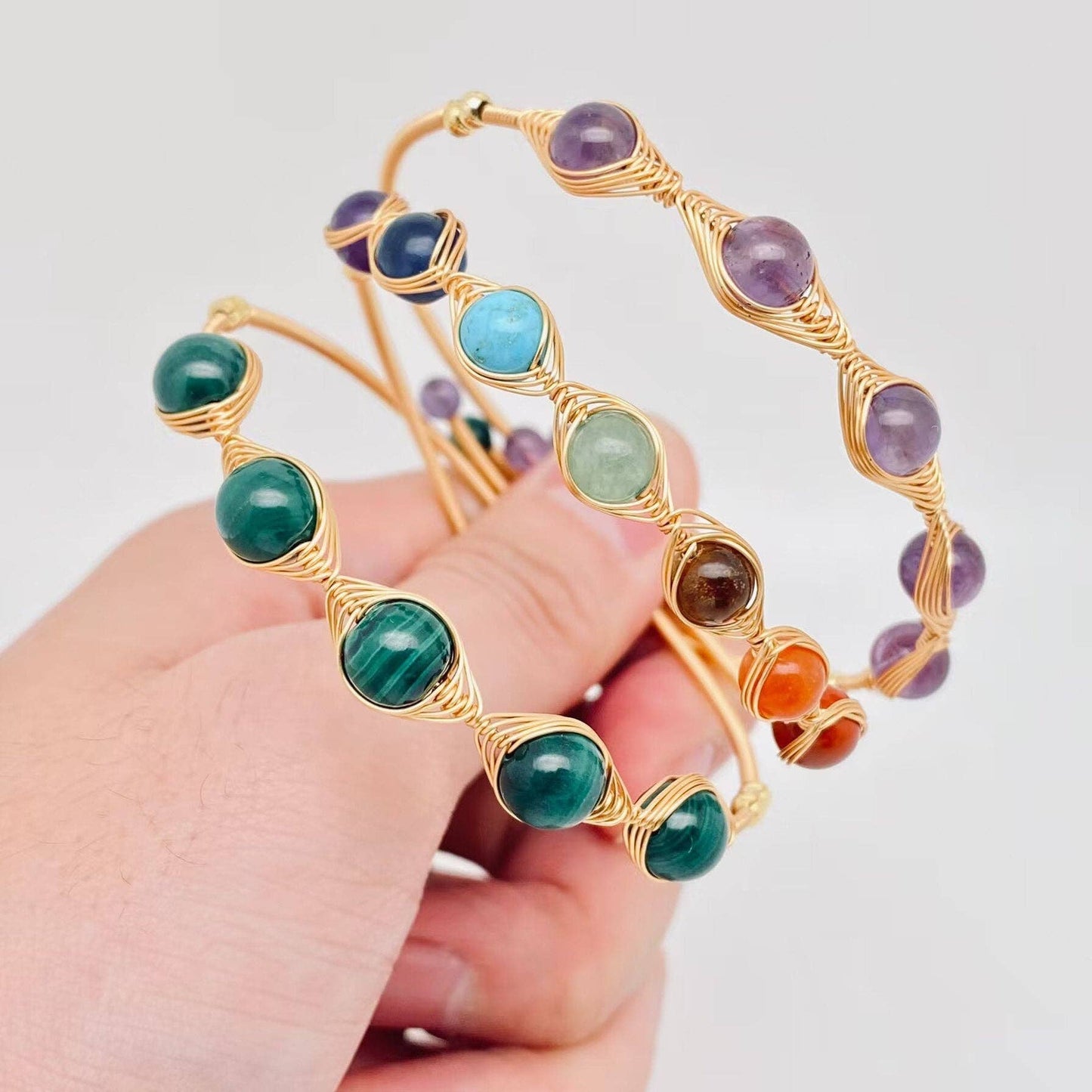 Hand-braided Copper Wire Wound Natural Stone Cuff Bangle -CS: Malachite