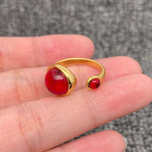 Inlaid Red Glass 18K Gold Plated Stainless Steel Ring - FGS
