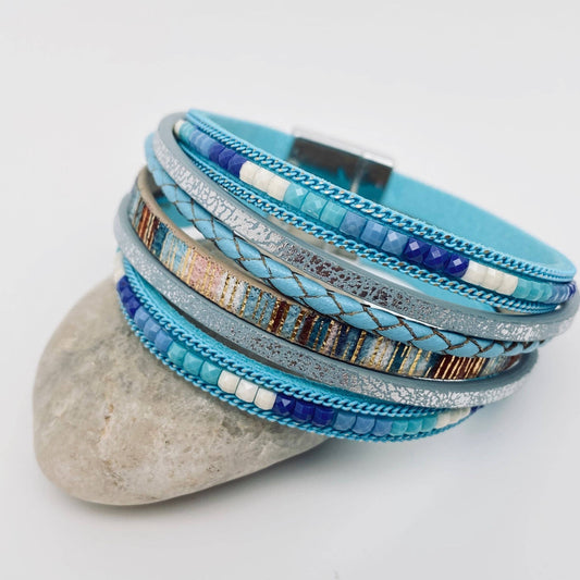 Bohemian Hand-woven Magnetic Buckle Leather Bracelet - BJ/LB: Blue