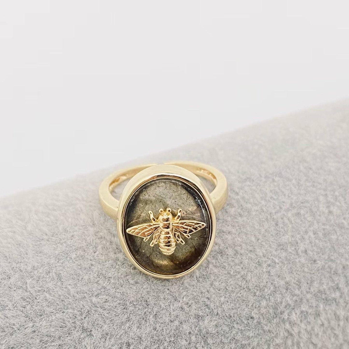 Natural Stone Golden Bee Opening Adjustable Ring - CS: Green Aventurine