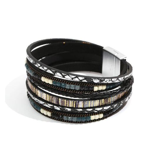 Bohemian Hand-woven Magnetic Buckle Leather Bracelet - BJ/LB: Black