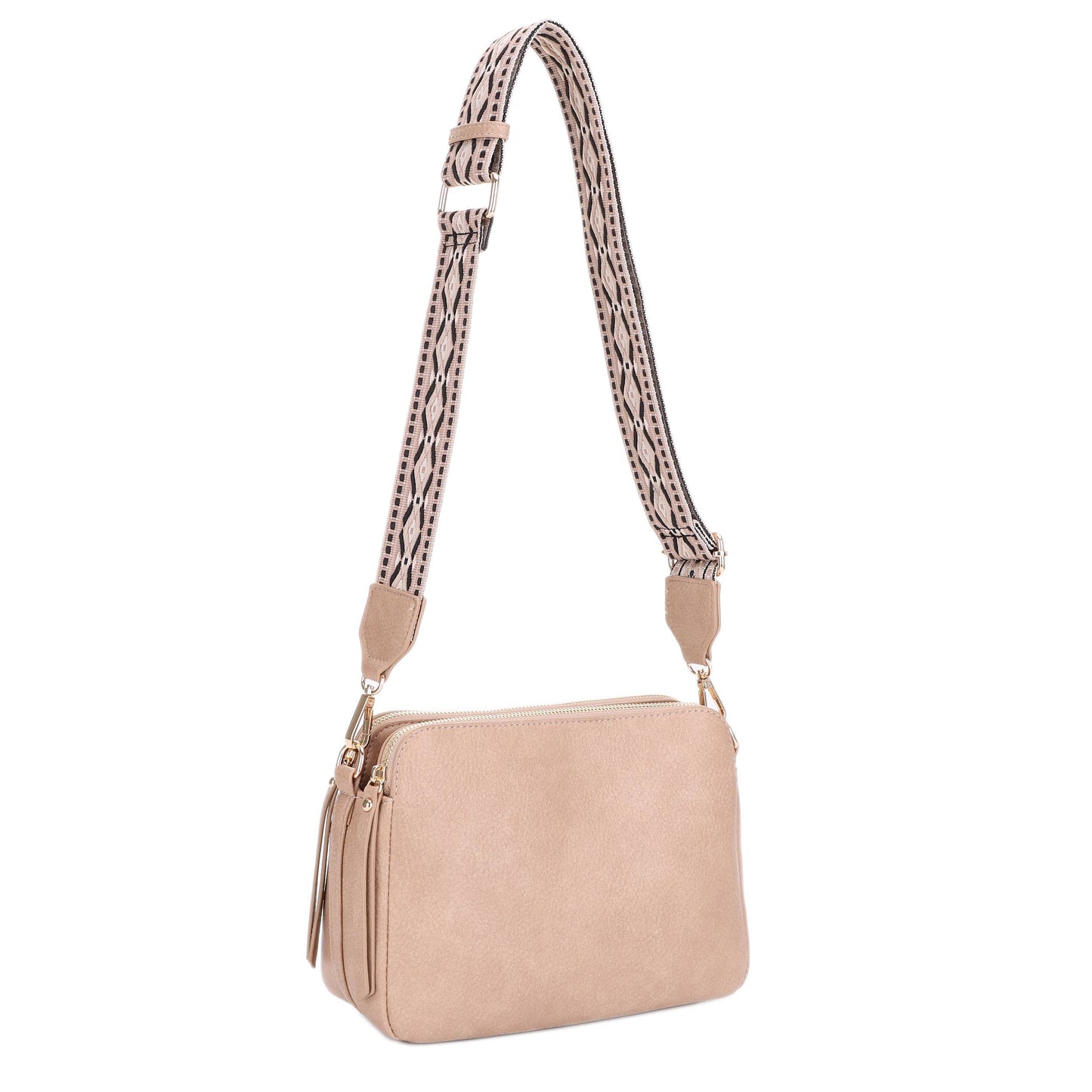 EJ60197 Mila 3 Compartment Crossbody Bag With Guitar Strap: Nude