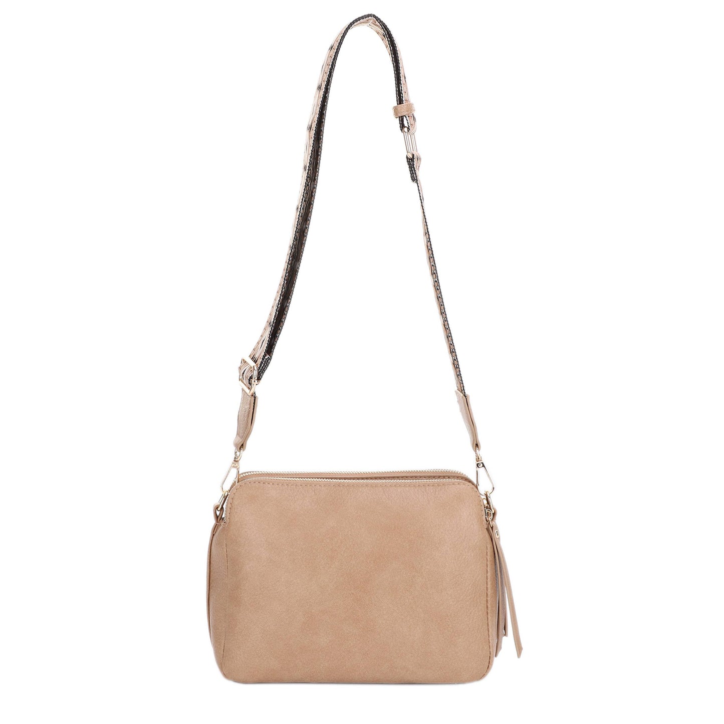 EJ60197 Mila 3 Compartment Crossbody Bag With Guitar Strap: Nude