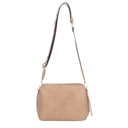EJ60197 Mila 3 Compartment Crossbody Bag With Guitar Strap: Nude