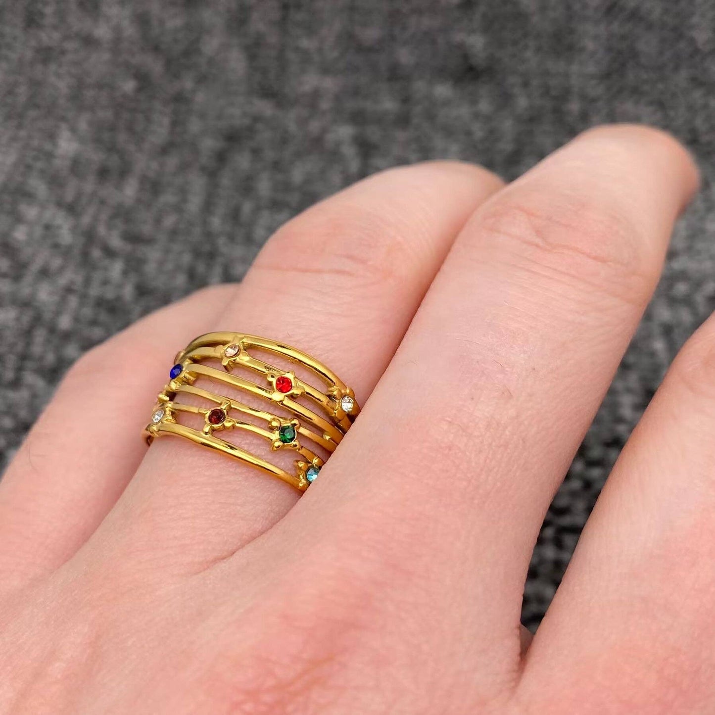 Colored Rhinestone 18K Gold Plated SS Hollow Ring - FGS