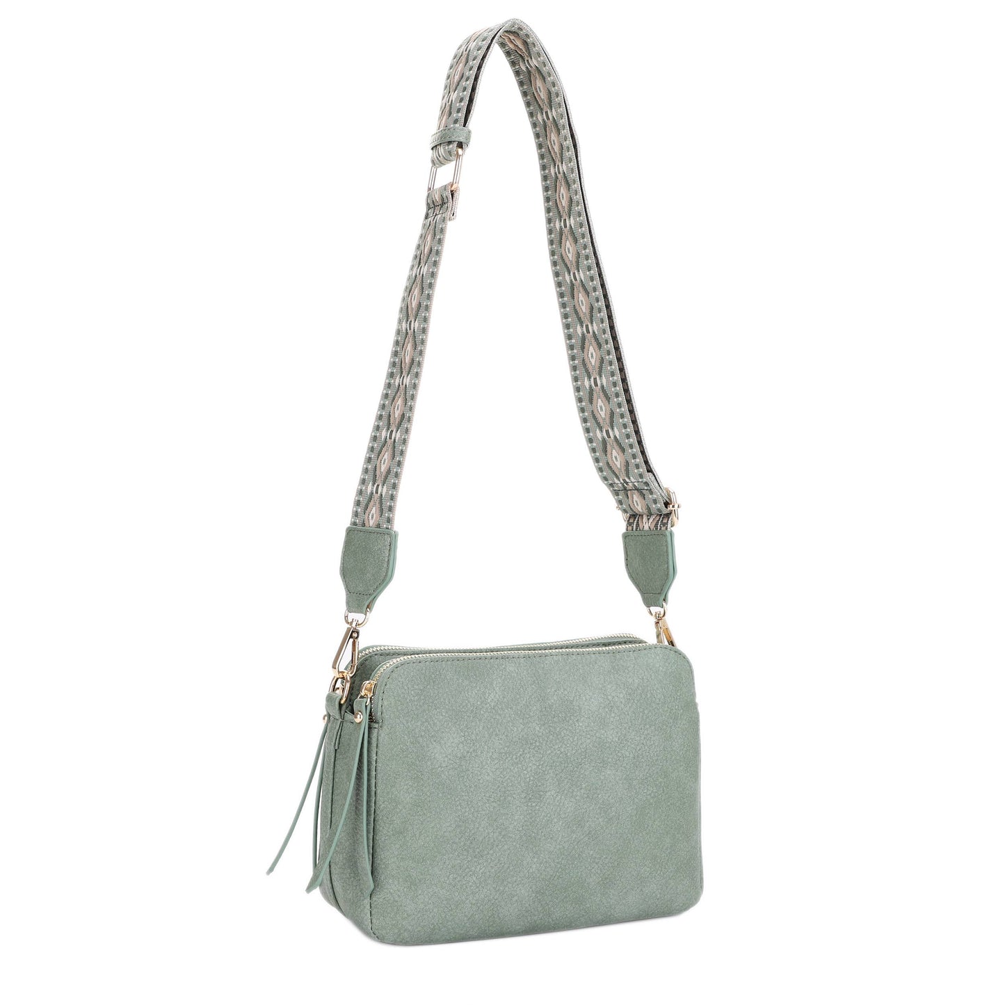 EJ60197 Mila 3 Compartment Crossbody Bag With Guitar Strap: Nude