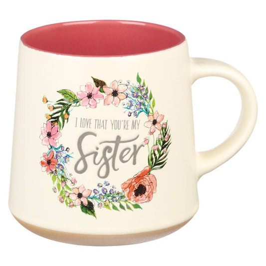 Mug Stoneware Pink/White Floral Sisters Eccl. 4:9