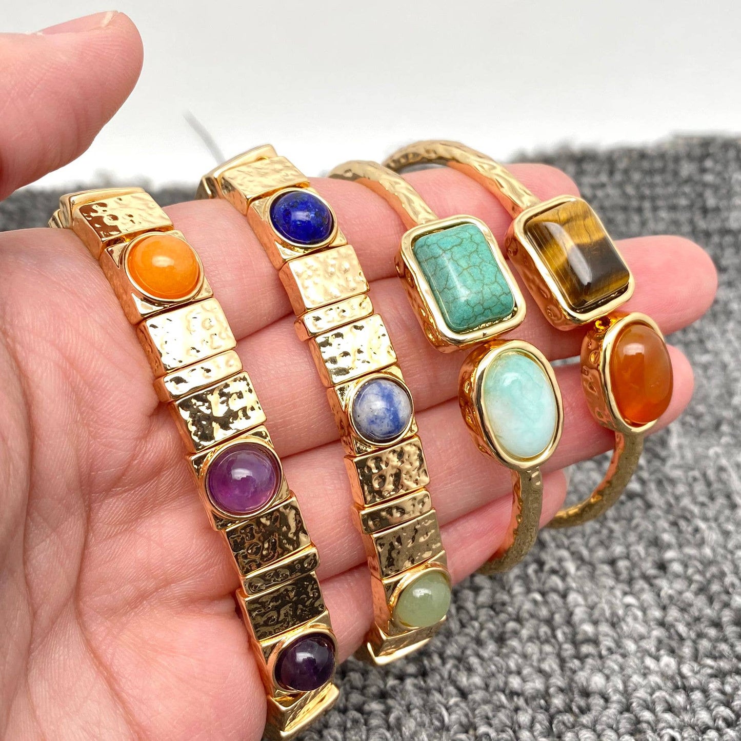 Vintage Inlaid Stone Gilded Bangle & Elastic Bracelet  - CS: Bangle - B