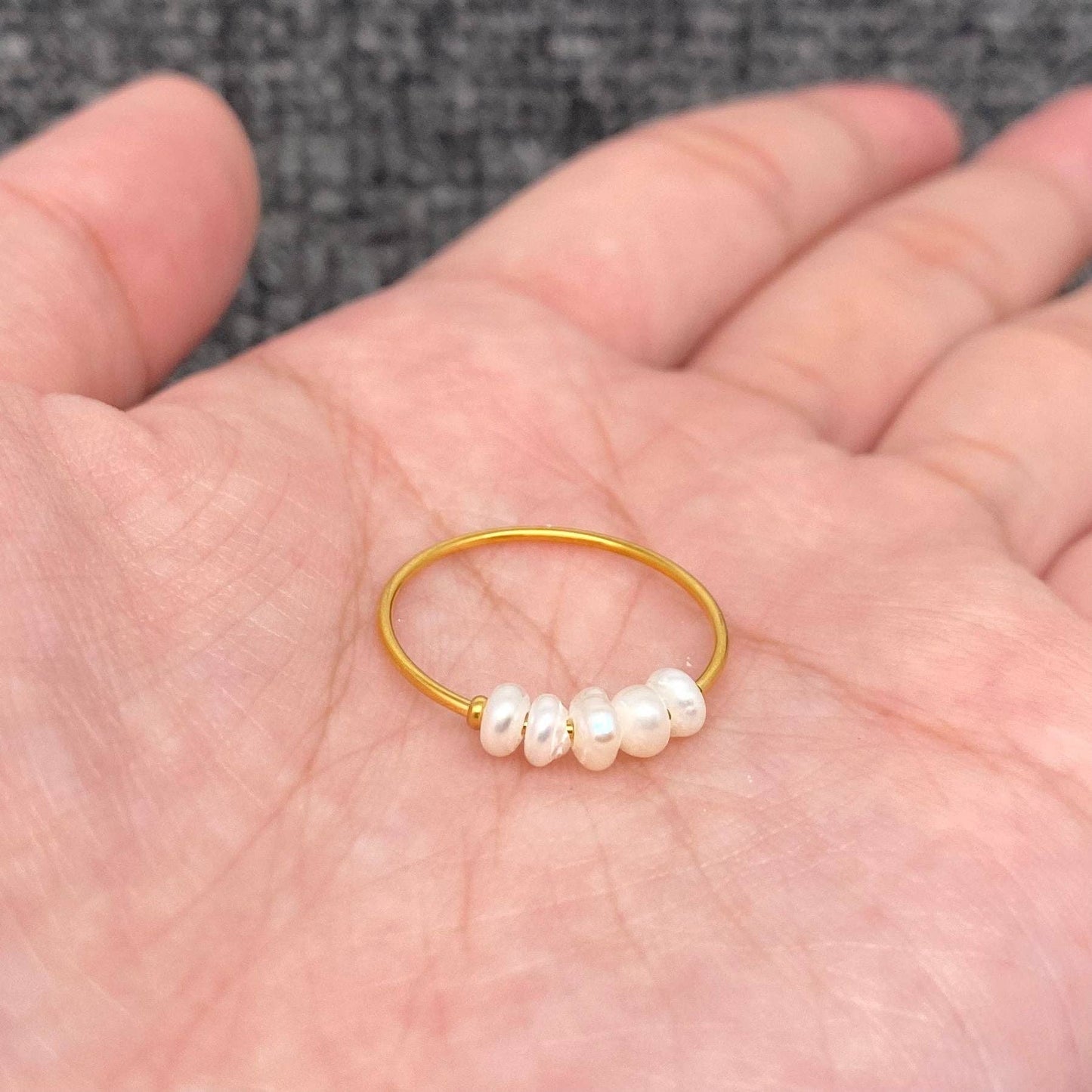 Pearl Beaded 18K Gold Plated Stainless Steel Fine Ring - FGS: 5