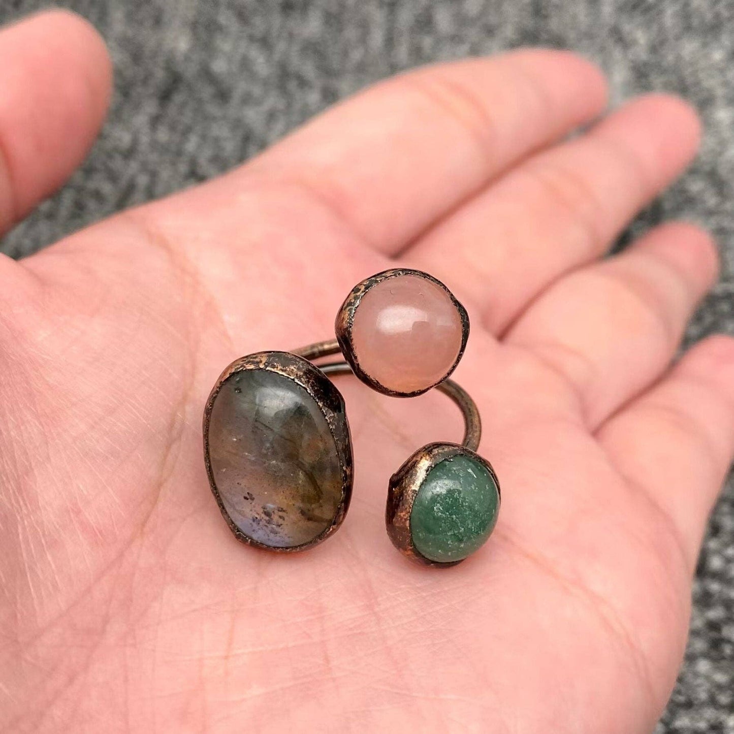 Anemousite & Green Aventurine Pink Crystal Tri-tone Ring -CS