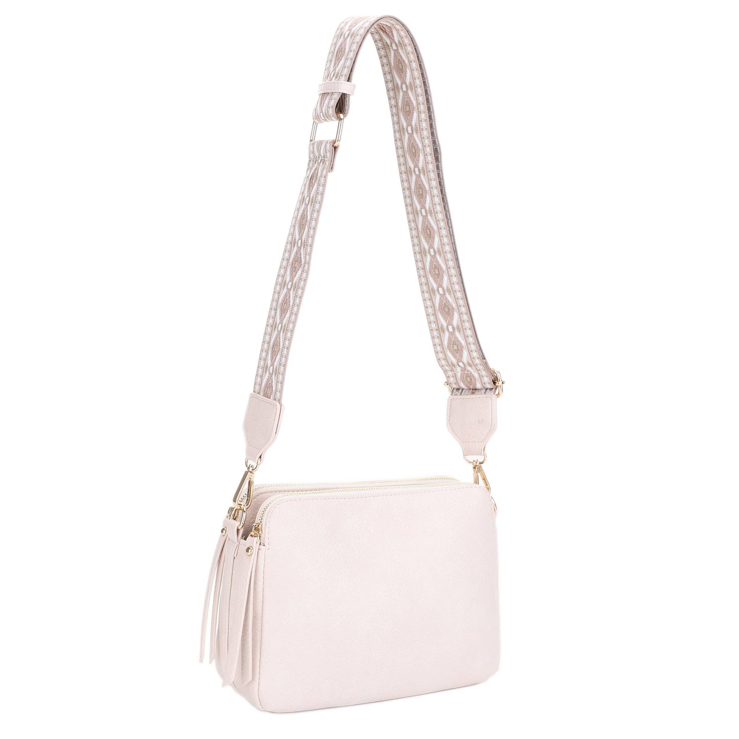 EJ60197 Mila 3 Compartment Crossbody Bag With Guitar Strap: Nude