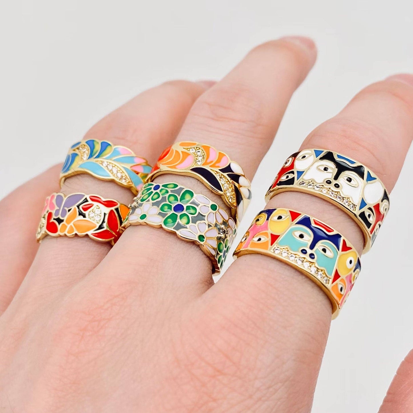 Multi-style Enamel Gold-plated Ring |Flowers|Butterfly|Eyes: D