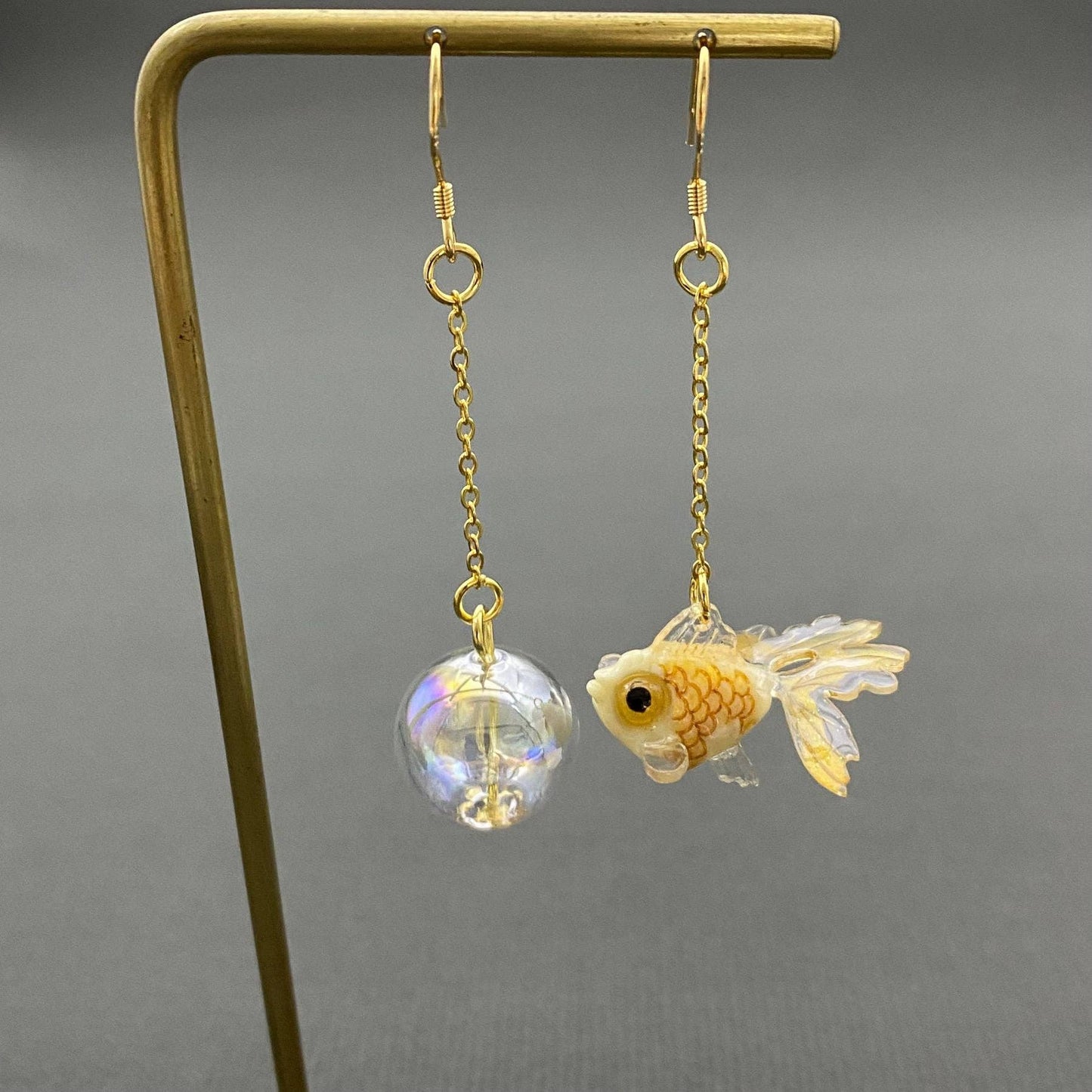 Asymmetric Yellow Goldfish Dangle Earrings