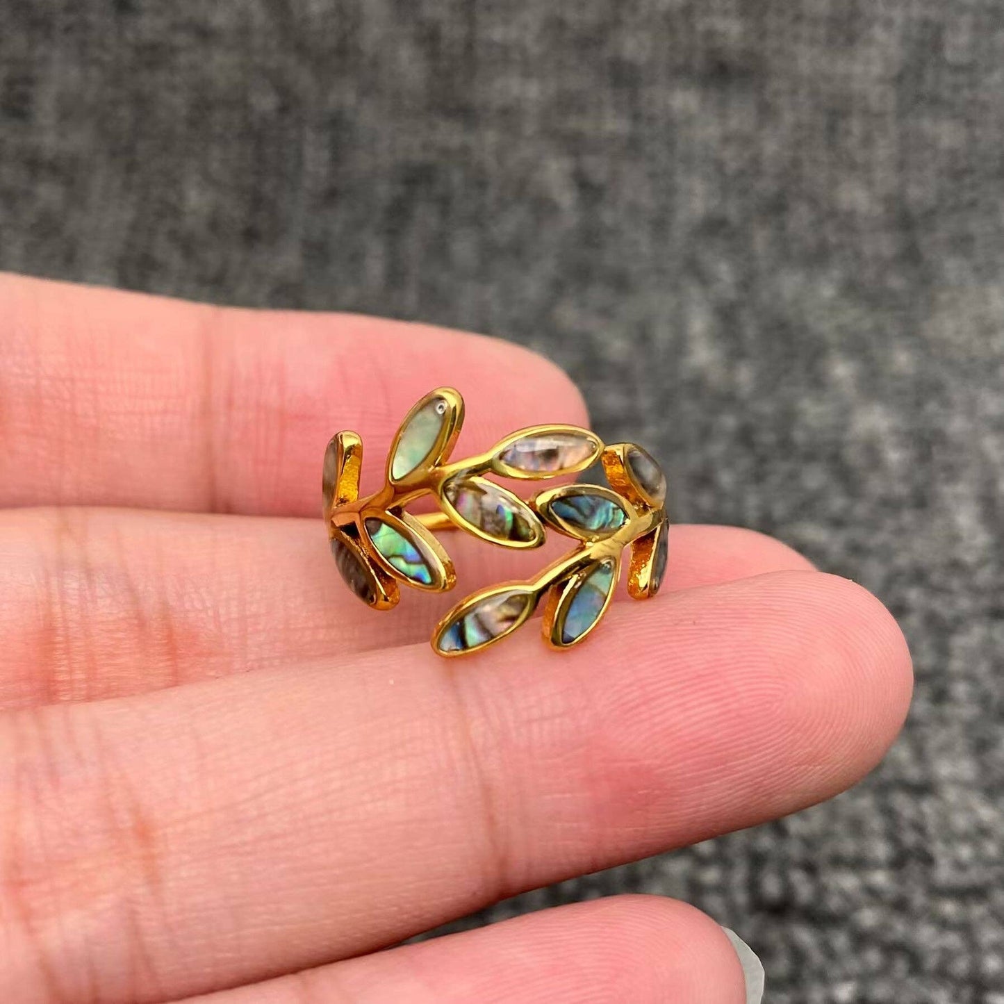 Abalone Shell Leaf Shape 18K Gold Plated S.Steel Ring size 7