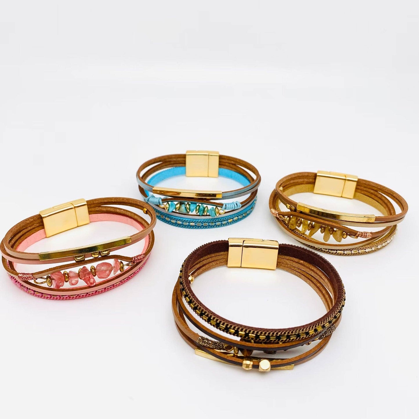 Bohemian Natural Gravel & Leather WovenBracelet - BJ/LB: 7