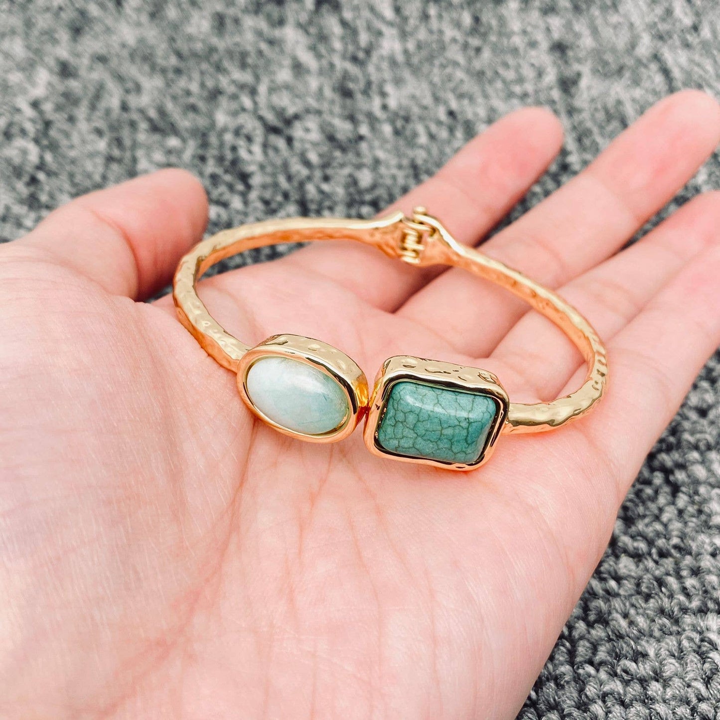 Vintage Inlaid Stone Gilded Bangle & Elastic Bracelet  - CS: Bangle - B