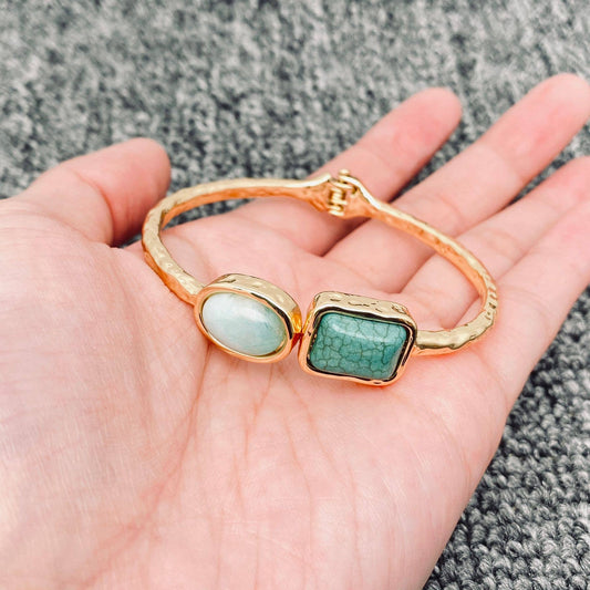 Vintage Inlaid Stone Gilded Bangle & Elastic Bracelet  - CS: Bangle - A