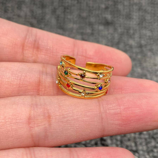 Colored Rhinestone 18K Gold Plated SS Hollow Ring - FGS