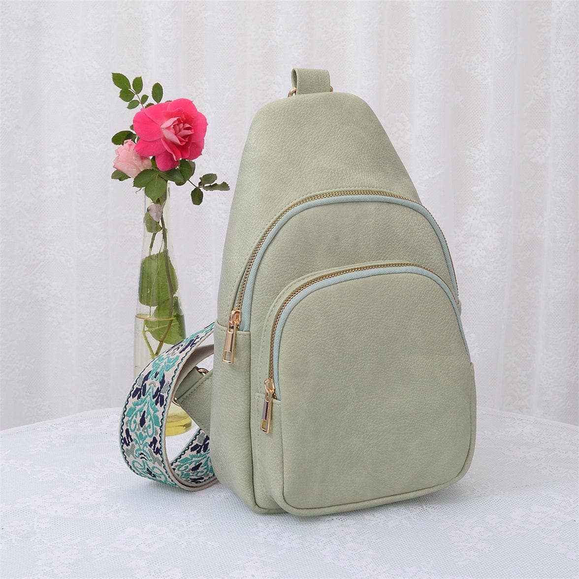 Zara Zipper Crossbody Bag with Boho Strap: Champagne Gold