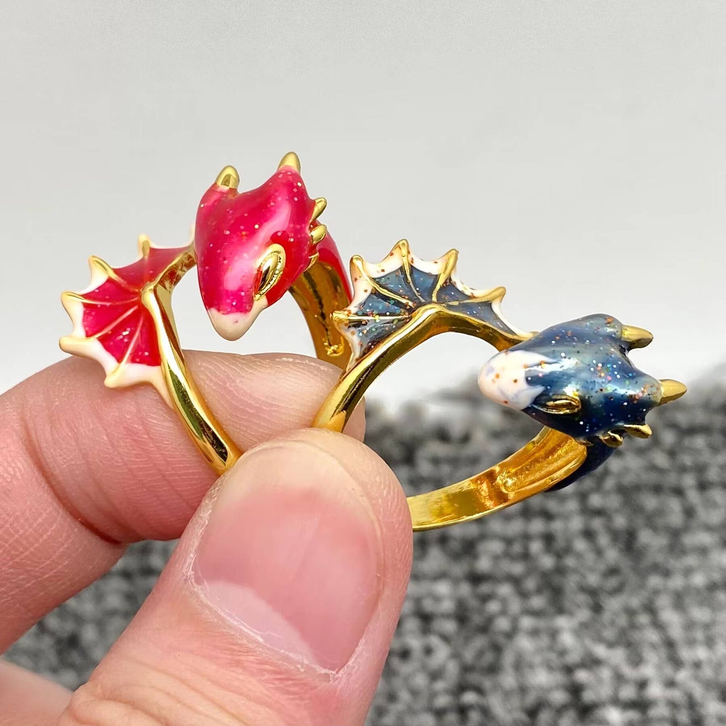 Blue And Pink Star Dragon Adjustable Ring: Starry Blue Dragon / Adjustable opening