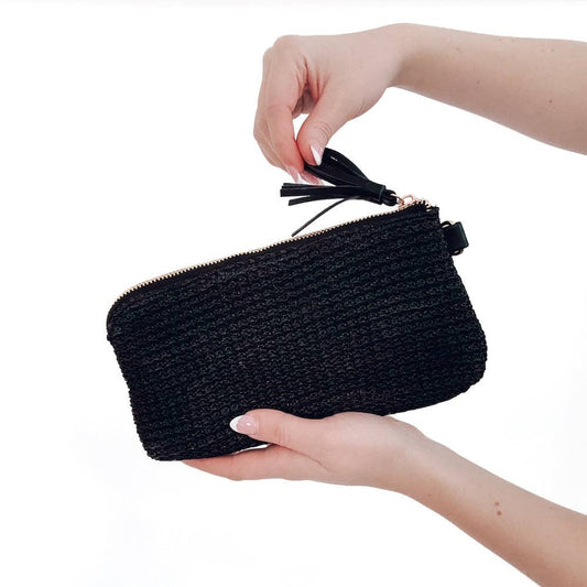 Rome Raffia Clutch Card Wallet Wristlet: Black