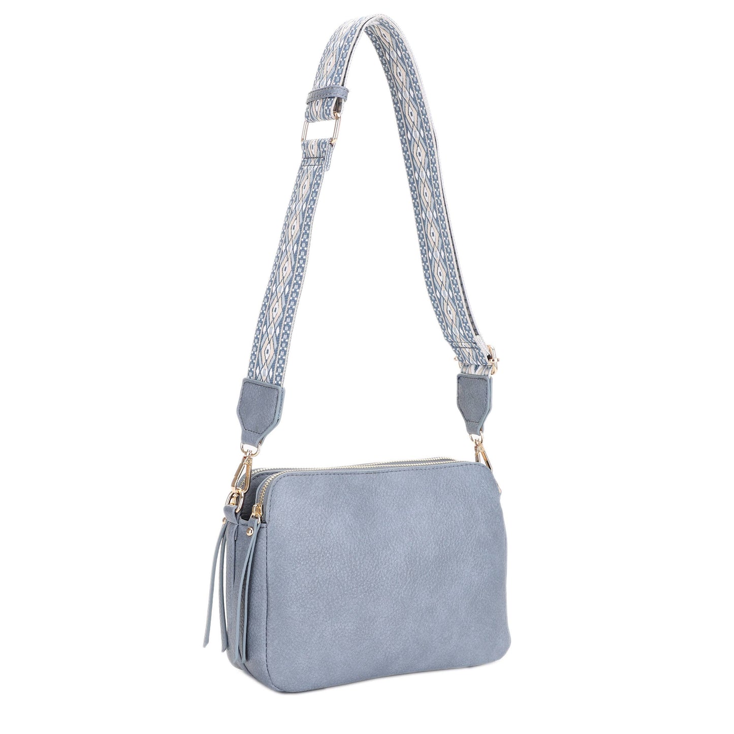 EJ60197 Mila 3 Compartment Crossbody Bag With Guitar Strap: Black