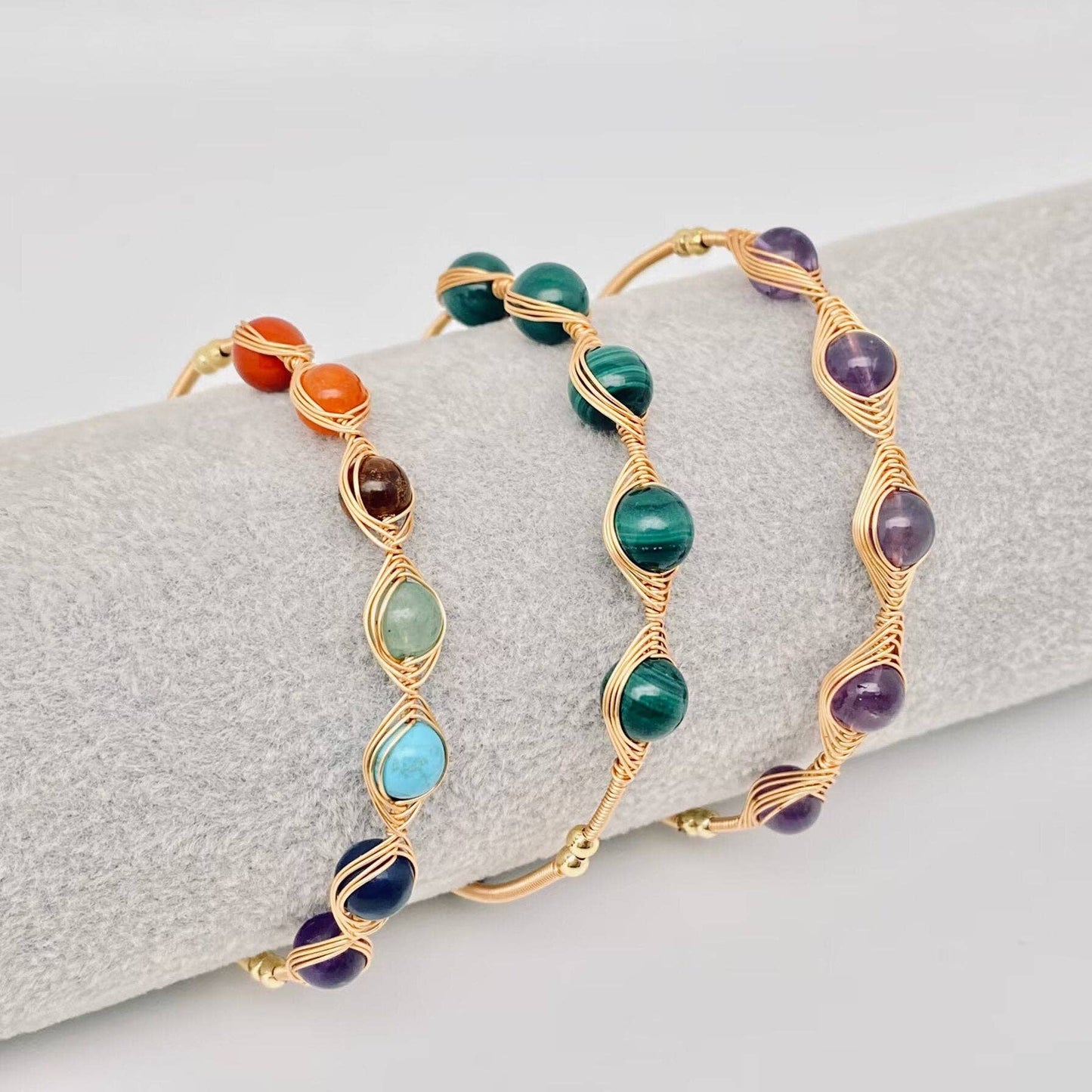 Hand-braided Copper Wire Wound Natural Stone Cuff Bangle -CS: Malachite