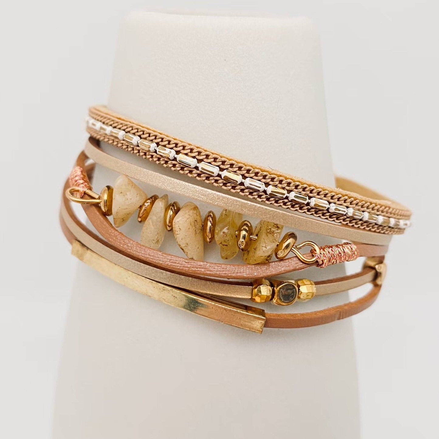 Bohemian Natural Gravel & Leather WovenBracelet - BJ/LB: 4