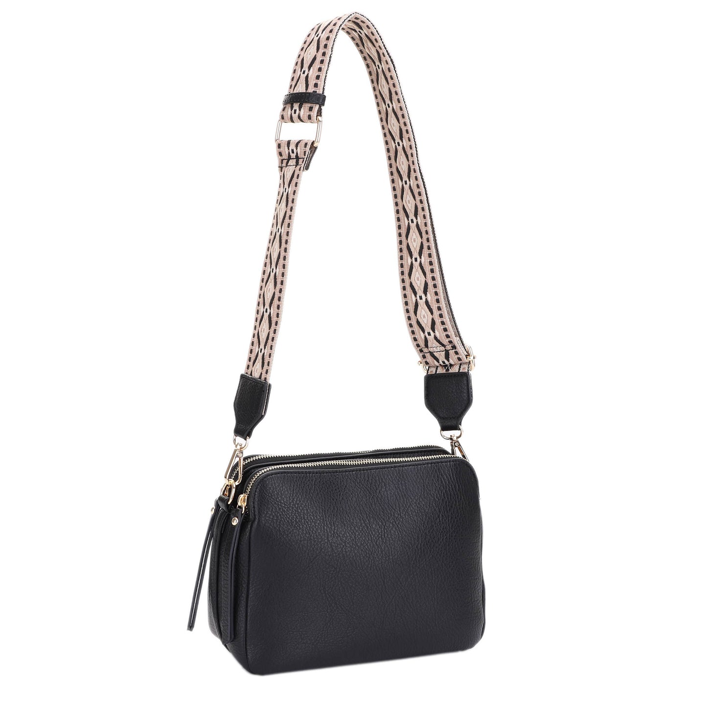 EJ60197 Mila 3 Compartment Crossbody Bag With Guitar Strap: Nude