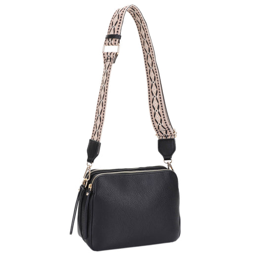 EJ60197 Mila 3 Compartment Crossbody Bag With Guitar Strap: Black