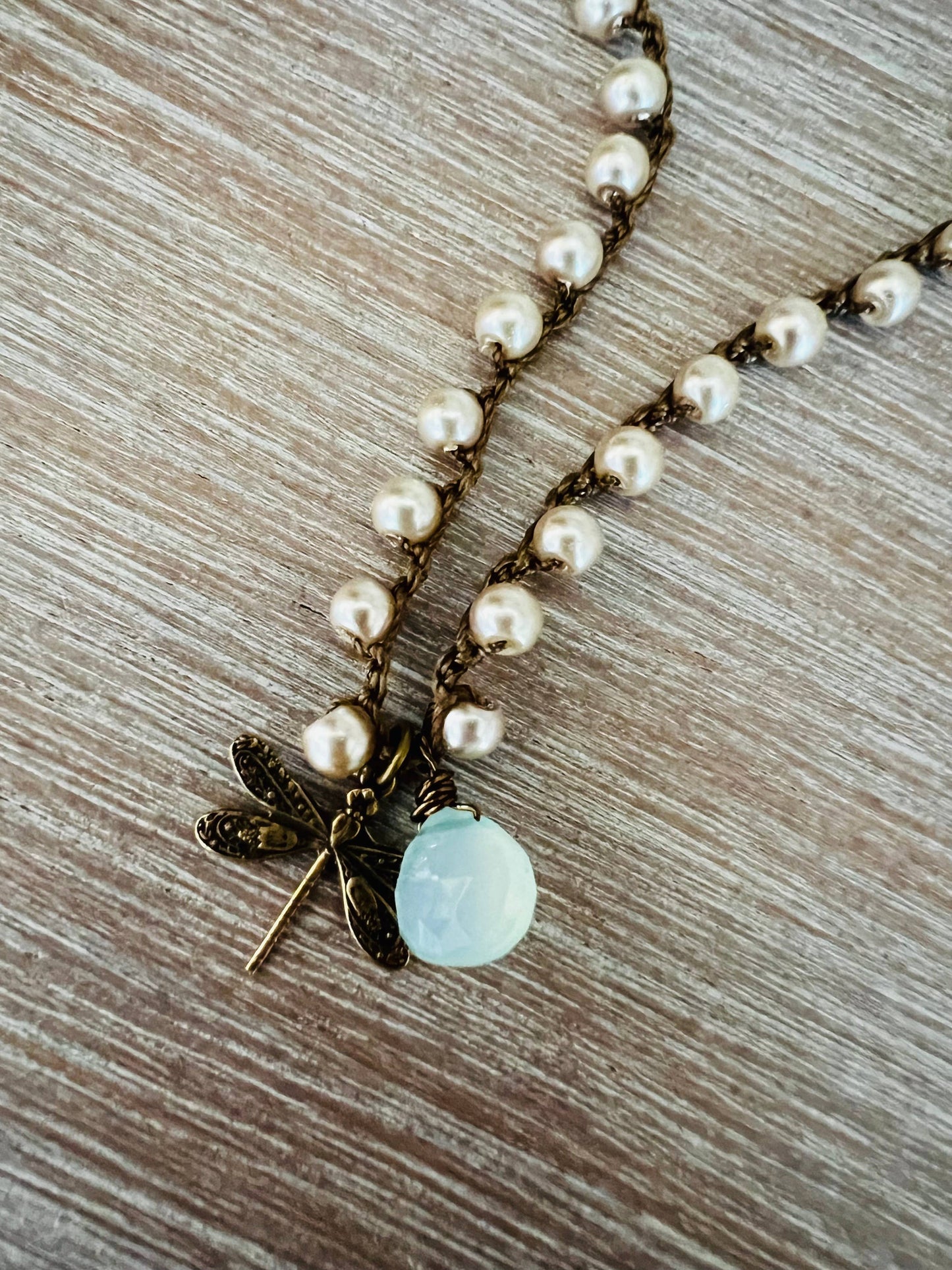 Dragonfly Charm Necklace With Chalcedony Stone Drop