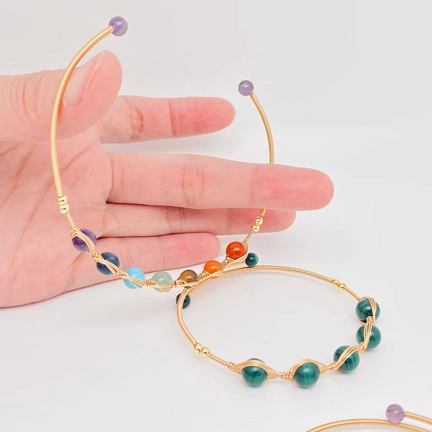 Hand-braided Copper Wire Wound Natural Stone Cuff Bangle -CS: Malachite