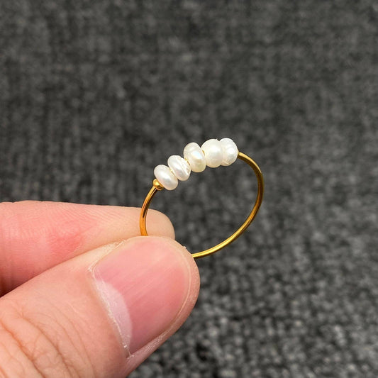 Pearl Beaded 18K Gold Plated Stainless Steel Fine Ring - FGS: 8