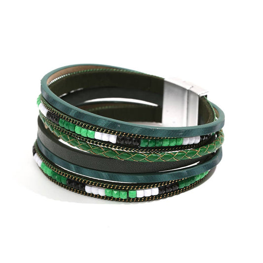 Bohemian Hand-woven Magnetic Buckle Leather Bracelet - BJ/LB: Green