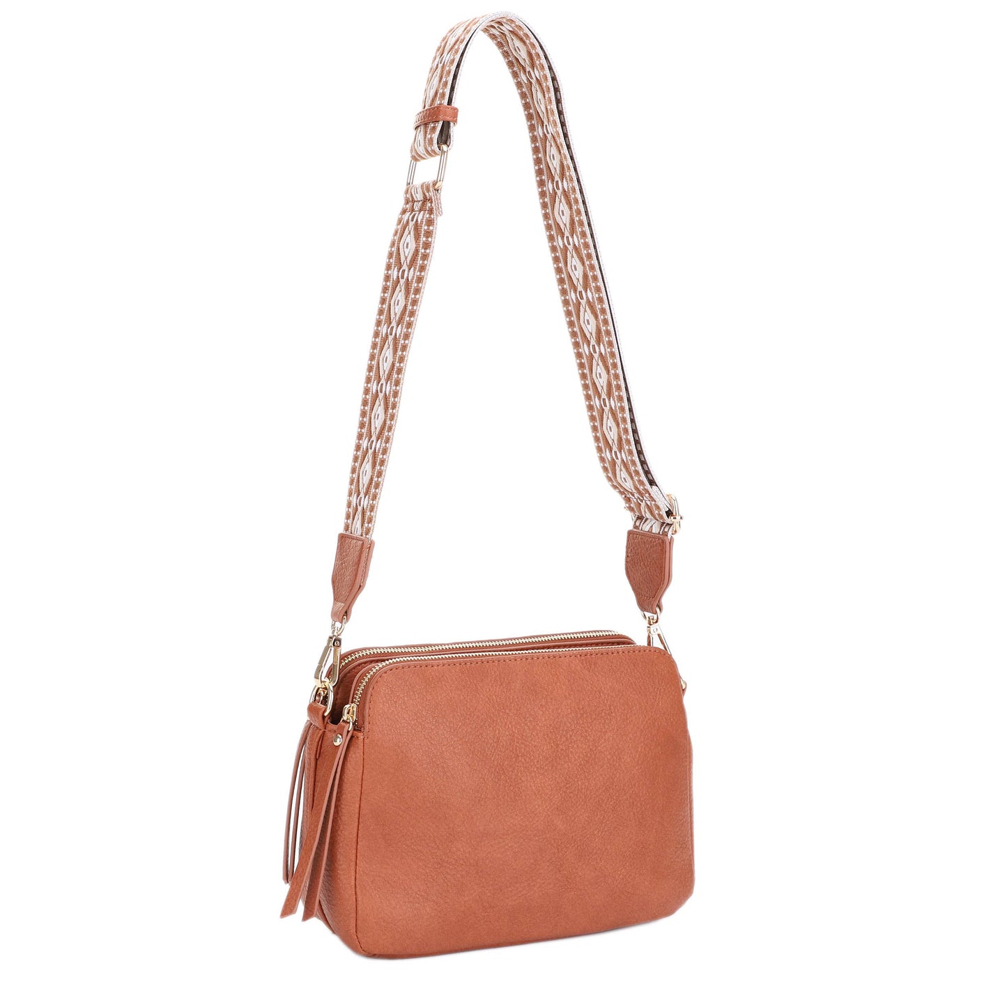 EJ60197 Mila 3 Compartment Crossbody Bag With Guitar Strap: Nude