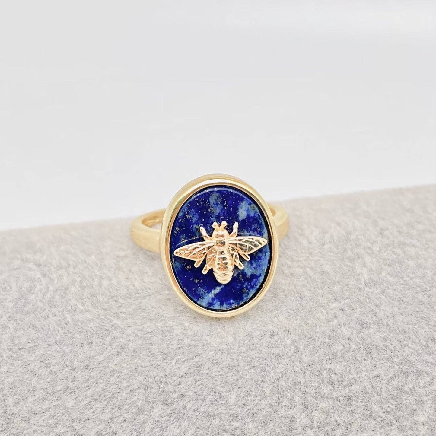 Natural Stone Golden Bee Opening Adjustable Ring - CS: Green Aventurine